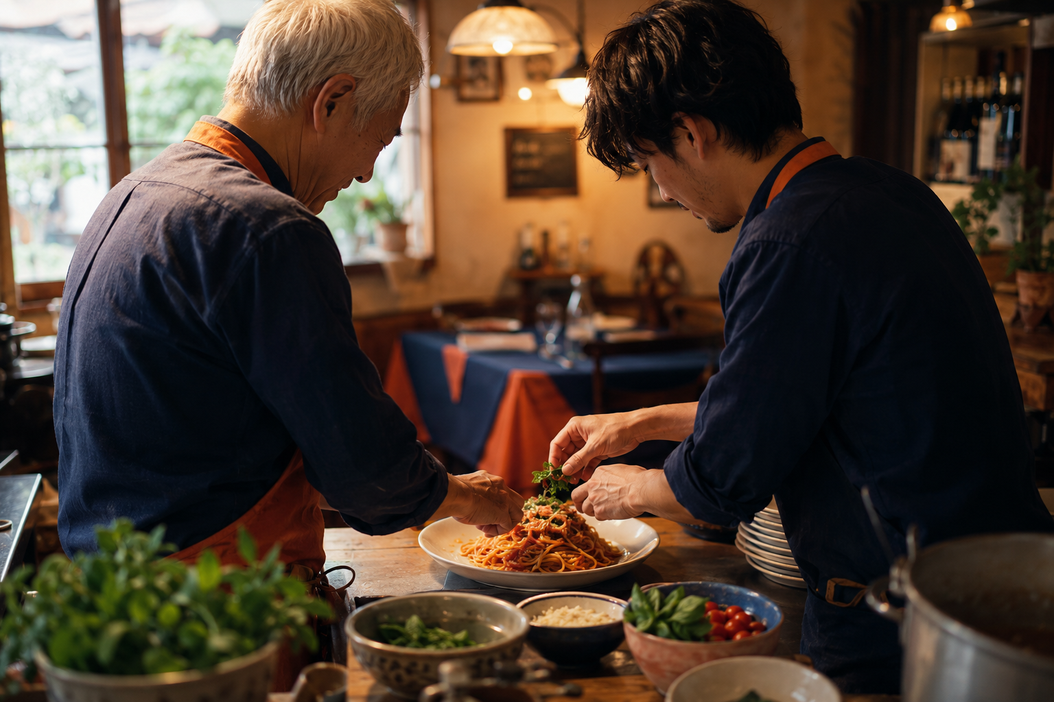 親子二人でお店を切り盛りするアットホームなシーン。地域に愛されるトラットリアの温かみと人柄が自然に伝わる、こじんまりとした居心地のよい店内の雰囲気
