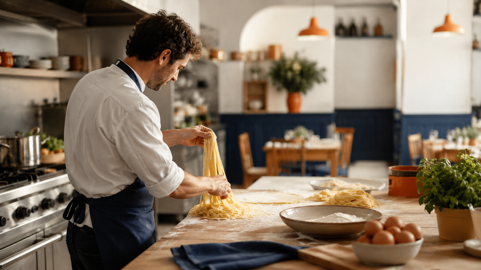 ブロンズダイスの特製パスタやピッツァが映える温かみのある店内。アットホームで居心地よく、本格イタリアンの雰囲気が漂うダイニング空間のメインビジュアル