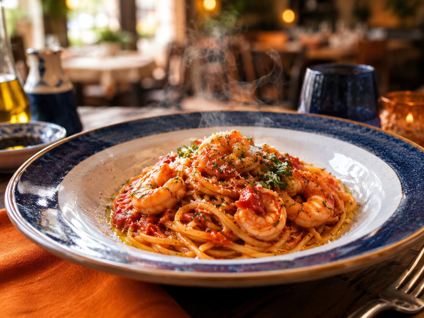ブロンズダイスで製麺した特製パスタのクローズアップ。ザラついた表面にソースが絡んだ本格的な一皿の質感と食欲感が伝わる写真